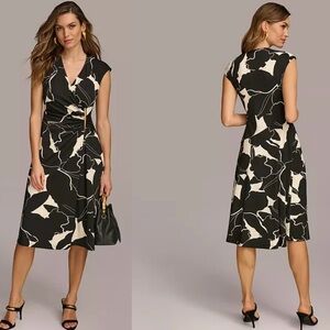 Donna Karan black cream wrap A-line floral midi dress with gold-tone side ring 8